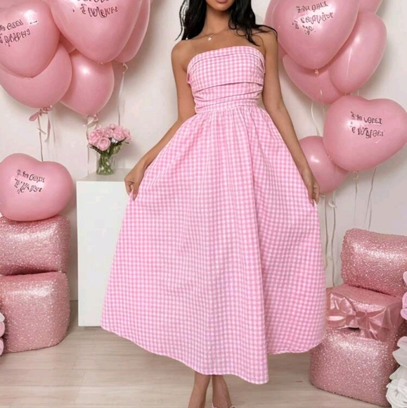 Women Valentine's Day Pink Plaid Print Slant Pocket Tube Longline Dress - Picture 1 of 4